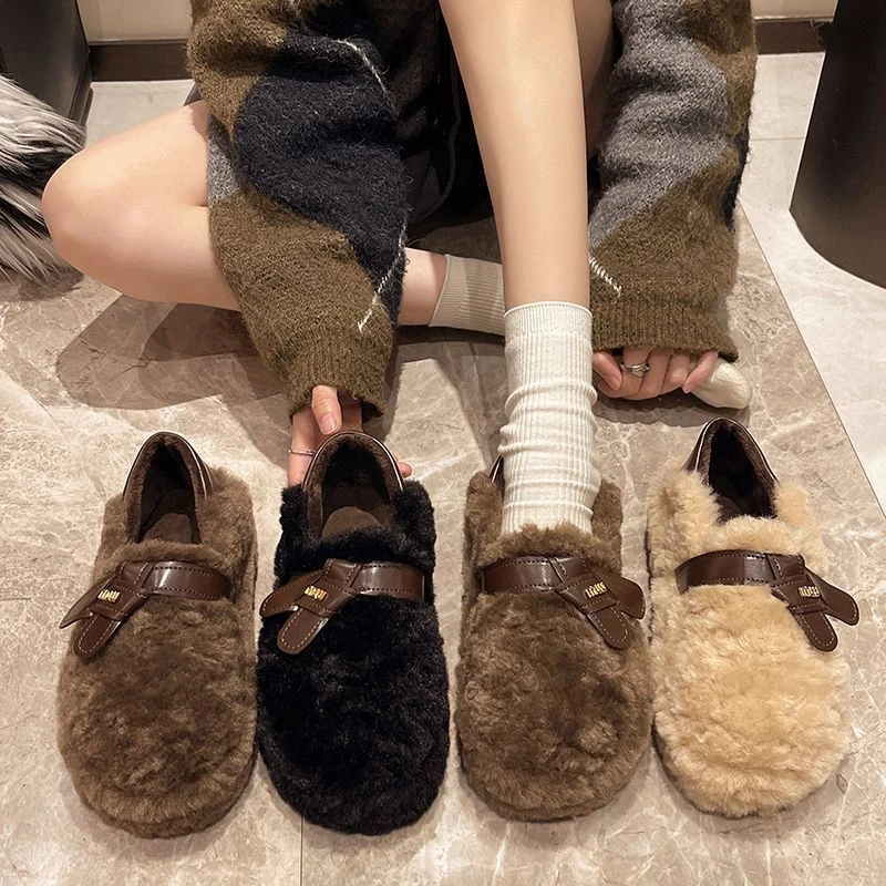 毛毛鞋绒女冬季加绒外穿厚底豆豆鞋2025新款超火棉瓢鞋