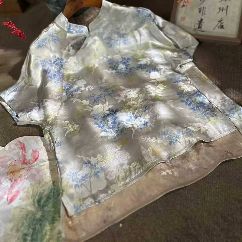 夏季新款新中式国风斜襟烟雨江南观赏牡丹短袖上衣