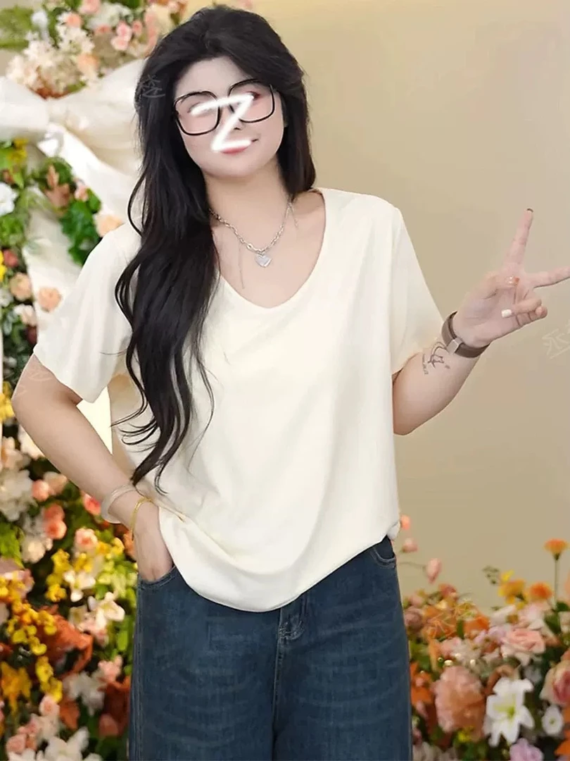 大码休闲百搭短袖白色t恤女2025夏季新款正肩宽松显瘦上衣-6751
