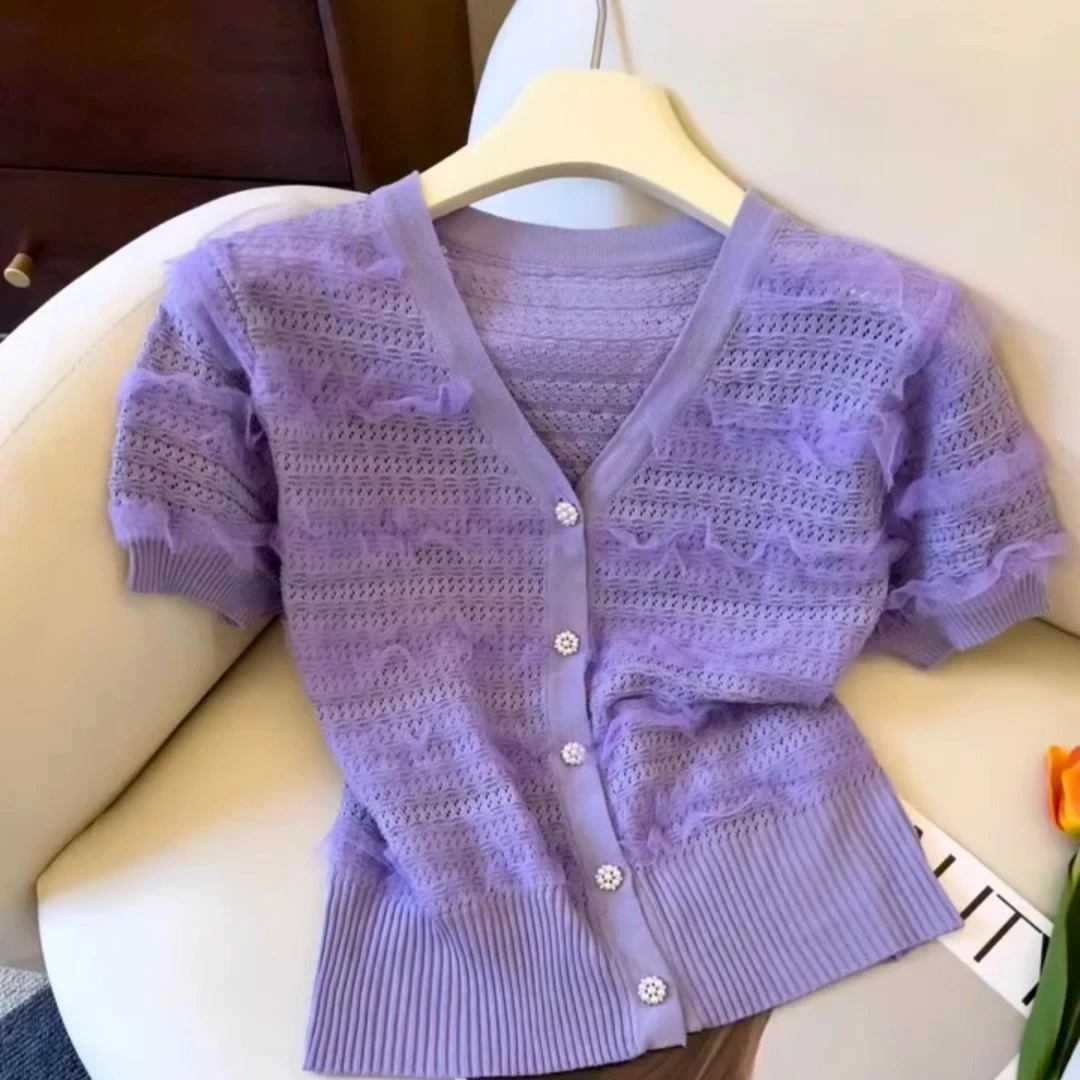 法式V领短袖蕾丝衬衫女2025夏季新款韩版小个子甜美百搭短款小衫