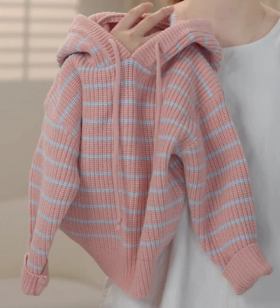 艾俊萱童装2024年女童条纹连帽针织打底衫LS