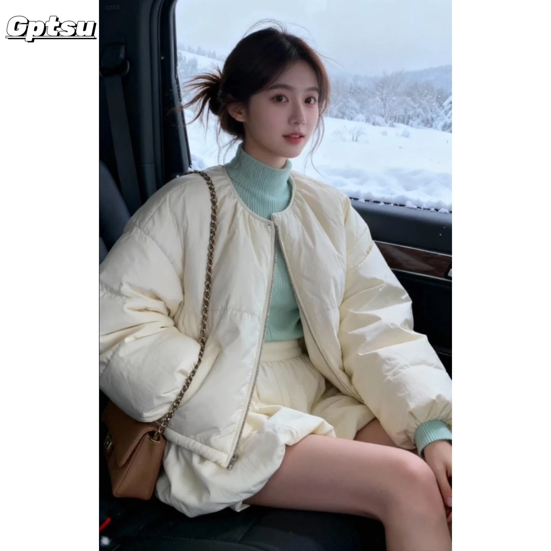 GPTSu秋冬装穿搭一整套韩系气质小香风棉服外套花苞裙三件套装女