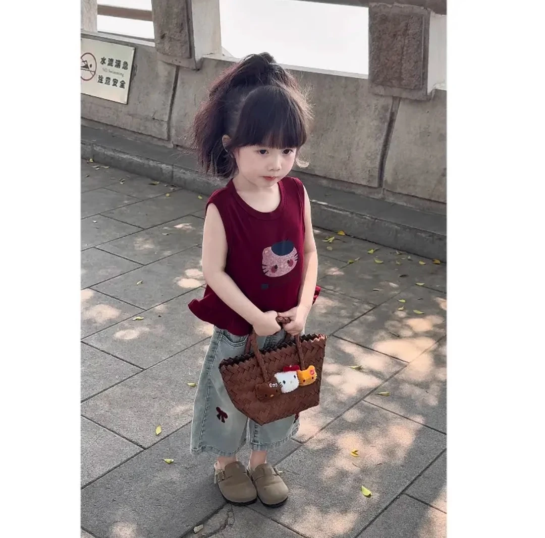 女童2025新款夏酒红色卡通无袖背心女宝洋气外穿小众网红新中式