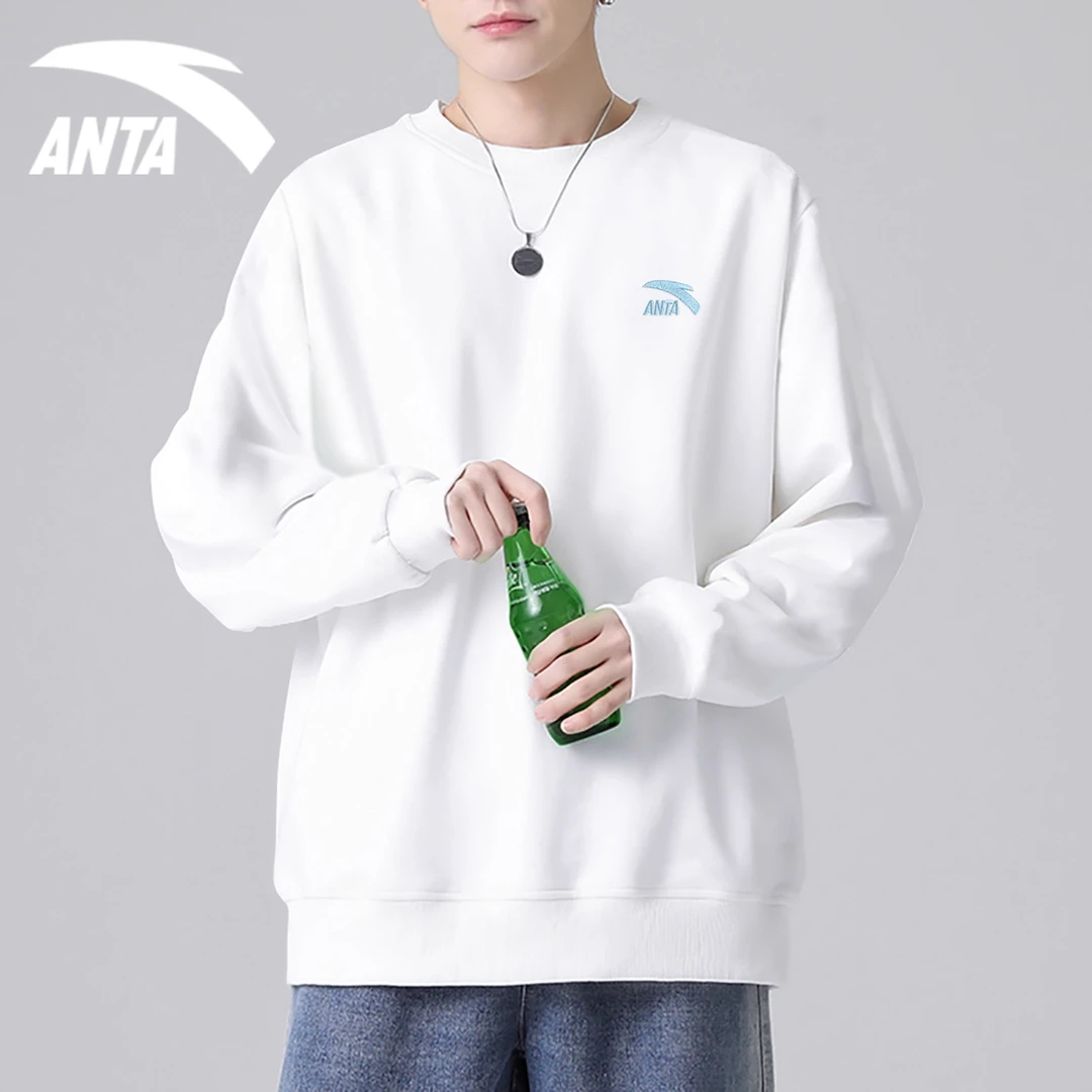安踏圆领卫衣男秋新款时尚休闲宽松圆领潮流上衣中学生白色长袖男