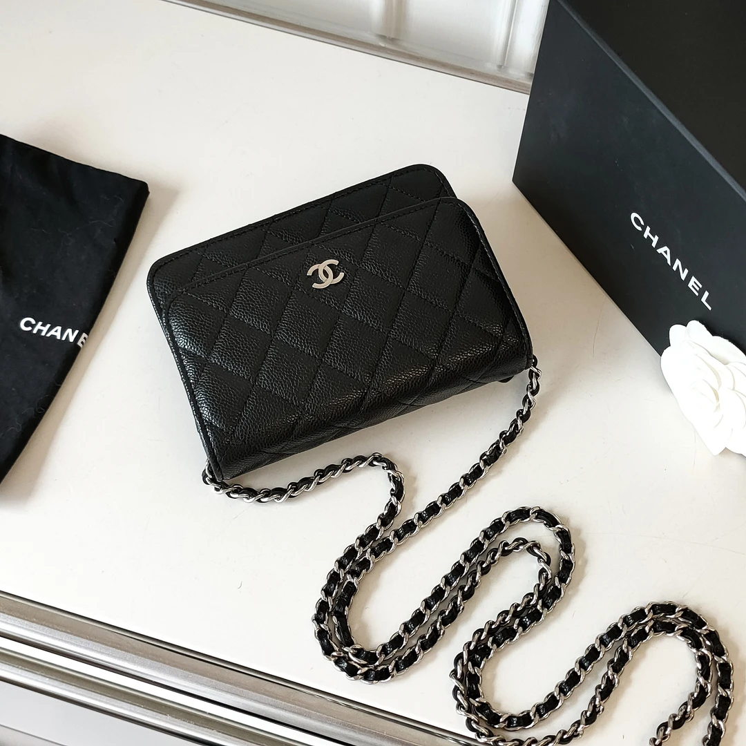 95新 Chanel/香奈儿 Azul-黑银荔枝皮小号woc斜挎包45842