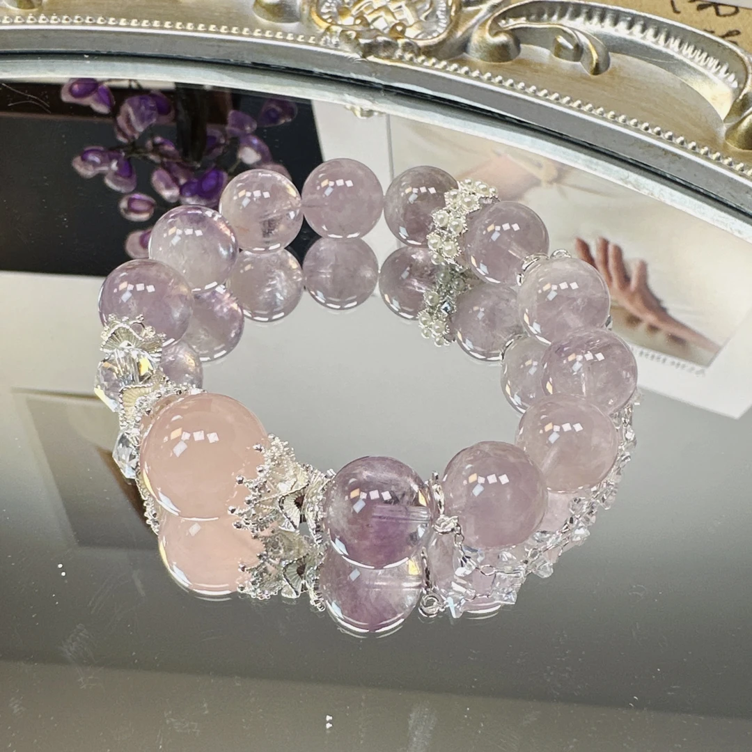 《紫·樱》紫兔毛搭配粉水晶顶珠手串1057 颜色微差 多样性发一