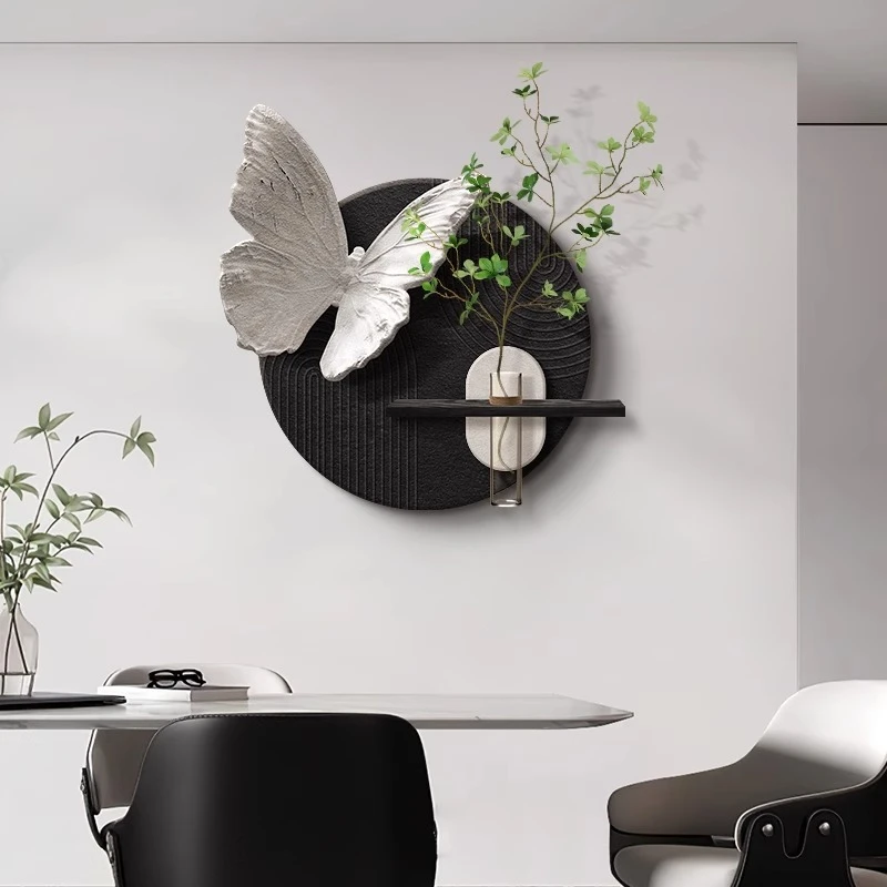 黑白蝴蝶餐厅装饰画简约高级感抽象客厅挂画水培绿植餐桌墙面壁画