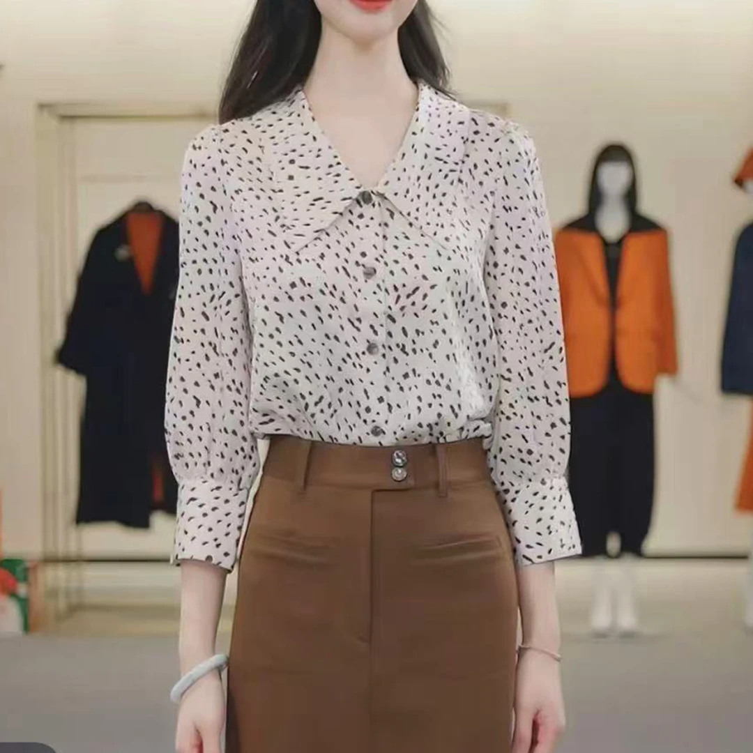 【商场同款】2025夏季新款时尚气质休闲百搭通勤翻领豹纹中袖衬衫女