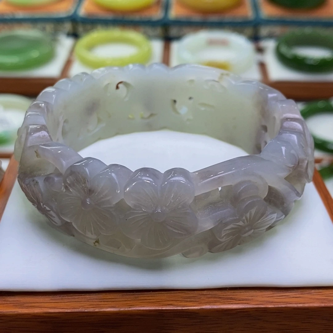 和田玉手镯未镶嵌烟紫花开富贵工艺宽胎 61 62