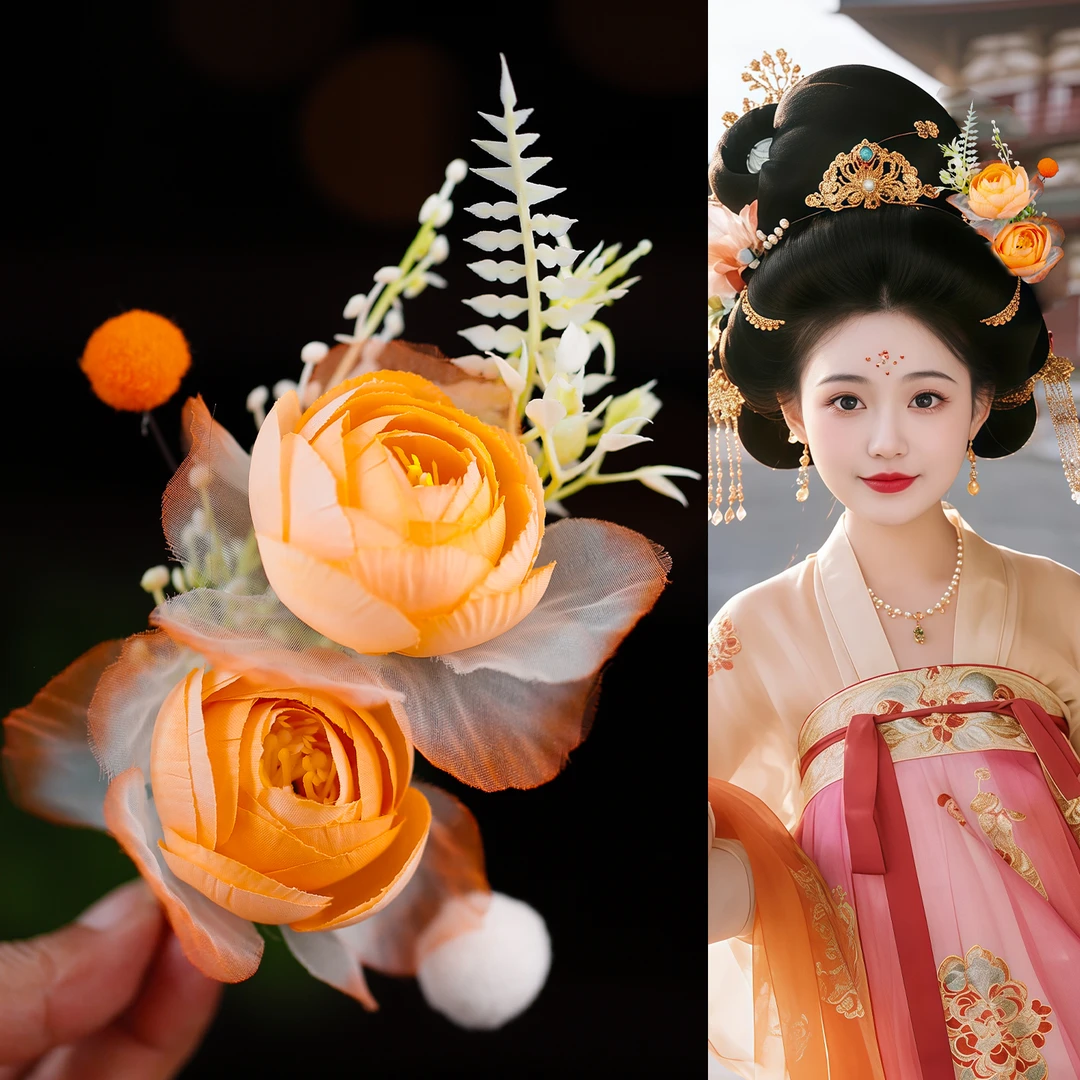 古风头饰古典绢花发饰唐风橙色发夹复古花朵日常旗袍汉服写真配饰