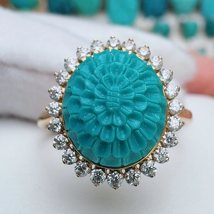 18K金镶嵌绿松石珠宝奇石精工饱满钻镶格桑花戒指