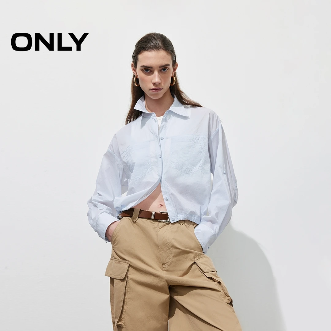 ONLY2025春季新款简约纯色宽松翻领落肩袖长袖衬衫女|125105027