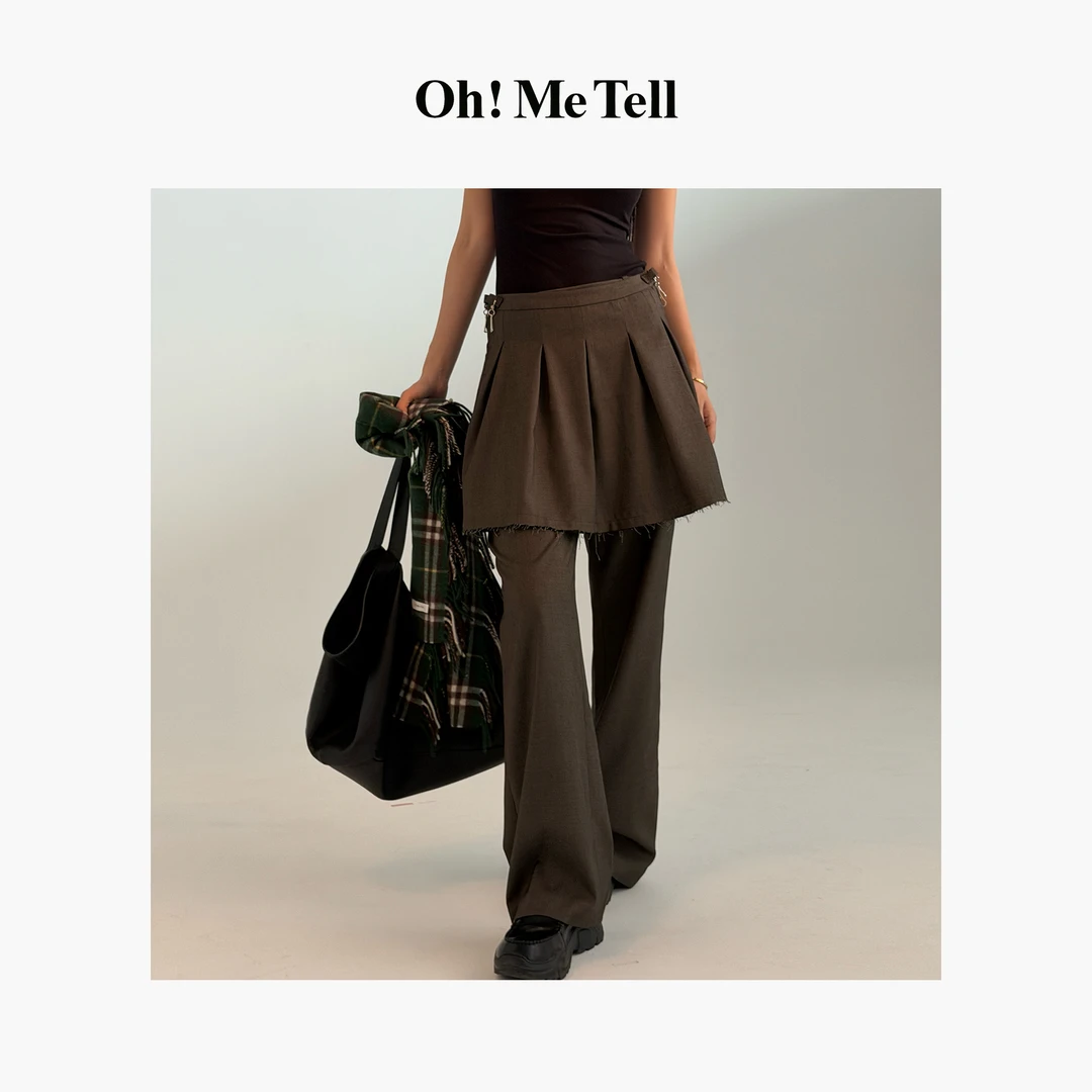 Oh！Me Tell【rose朴彩英同款】细小格纹毛边百褶半身裙休闲西装裤女