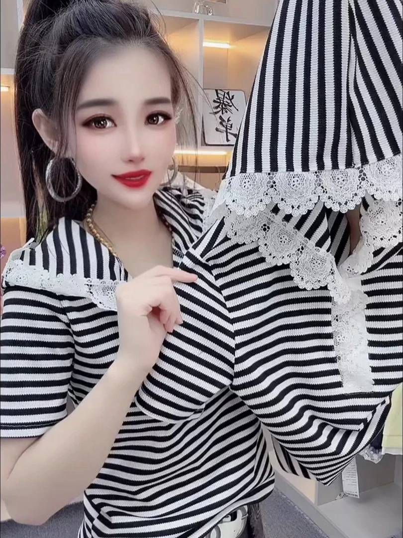 欧货条纹套头T恤女2025夏季新款修身打底衫洋气短袖蕾丝连帽上衣