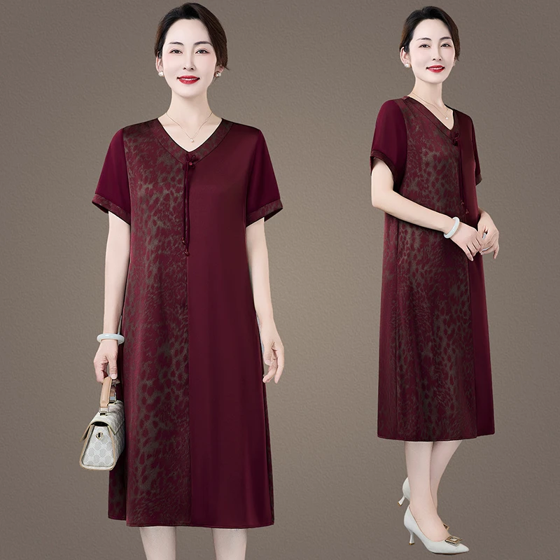 恩狐中老年女装高贵气质长裙妈妈夏季新款拼接V领连衣裙显瘦减龄