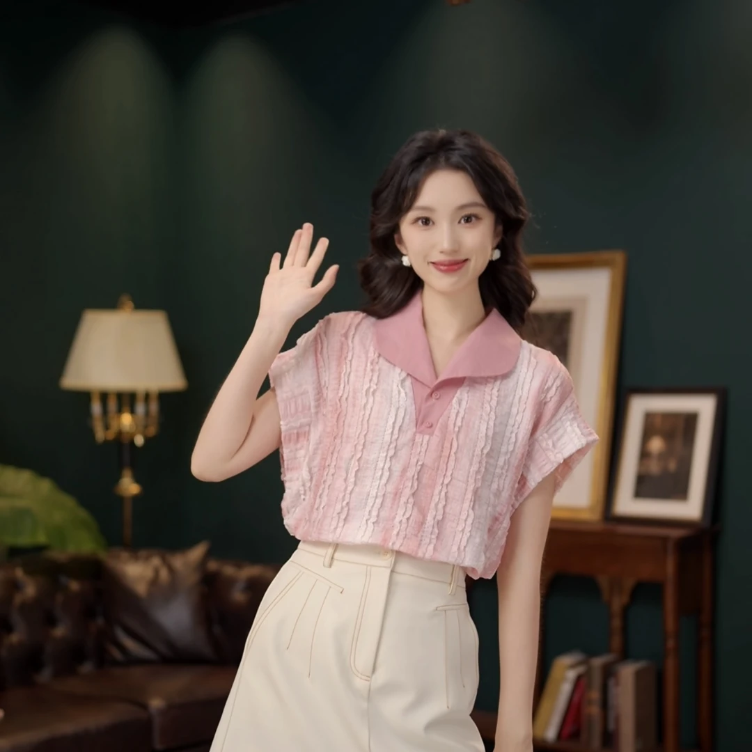 琦琦【泡泡巧色】复古小衫休闲百搭短袖女夏季上衣YF1102545