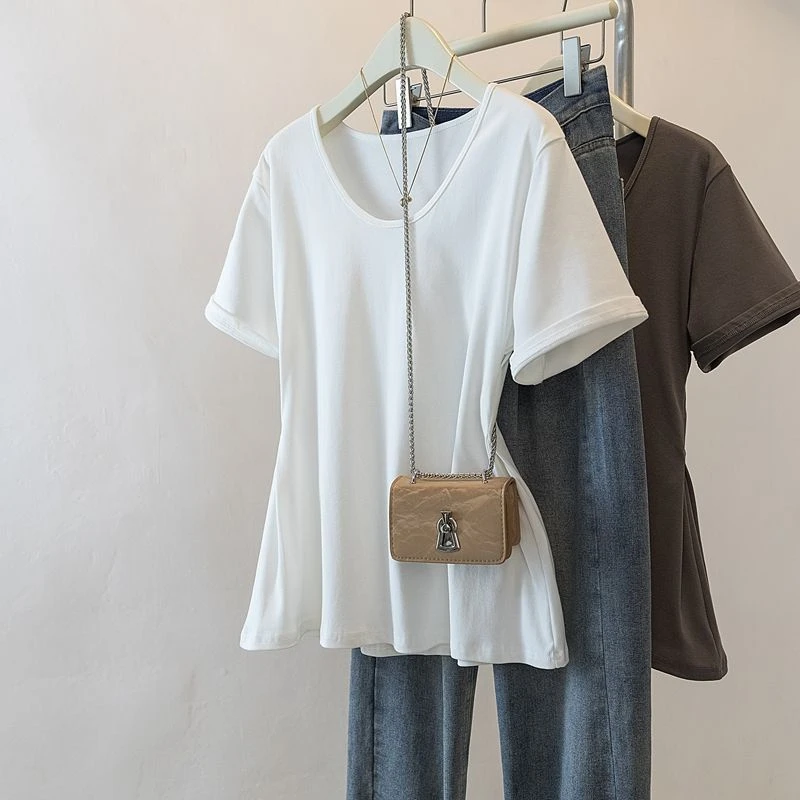 大码200斤洋气小众正肩收腰短袖t恤女夏季气质百搭显瘦遮肉上衣潮