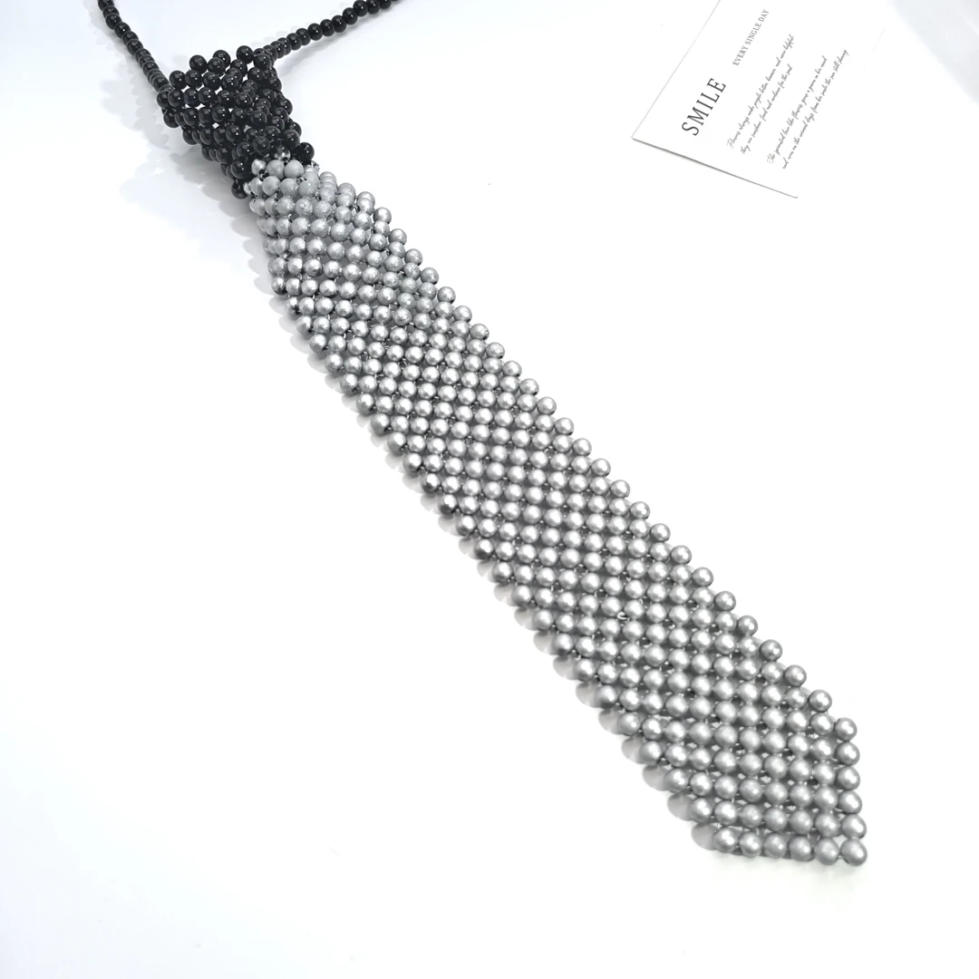 铜合金仿珍珠项链 06470高级气质拼色黑银个性领带项链