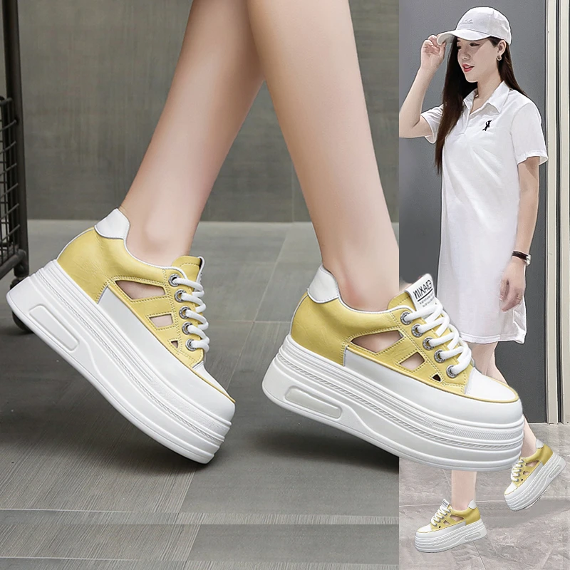 镂空洞洞鞋女2025夏新款小白鞋厚底内增高8cm女鞋子百搭运动凉鞋