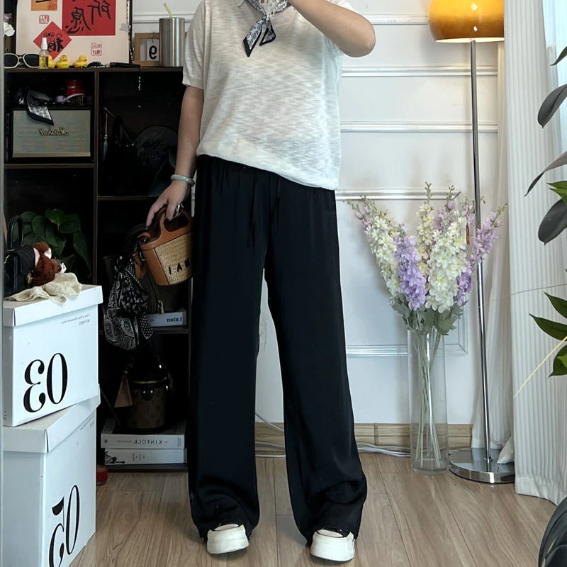 YZJ【清补凉】一抹色松紧腰阔腿裤纯色时尚百搭薄款垂感直筒长裤