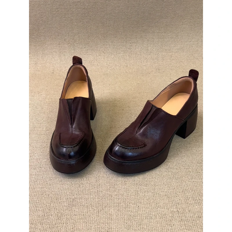 nnmiss/7cm复古圆头一脚蹬粗跟乐福鞋女英伦风通勤百搭单鞋