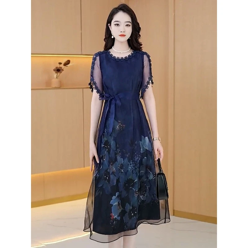 高端气质假两件连衣裙夏季2025新款减龄妈妈装遮肉显瘦中长款裙子