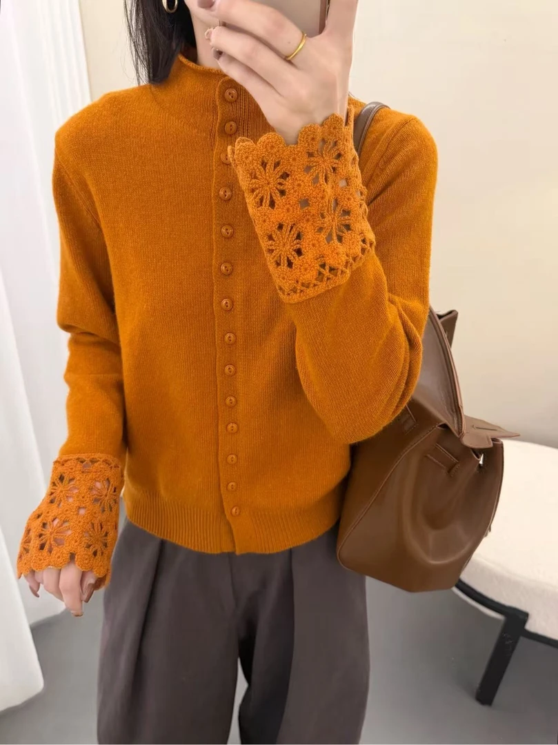 2025秋冬新款半高领单排扣镂空钩花长袖羊毛针织开衫时尚气质上衣
