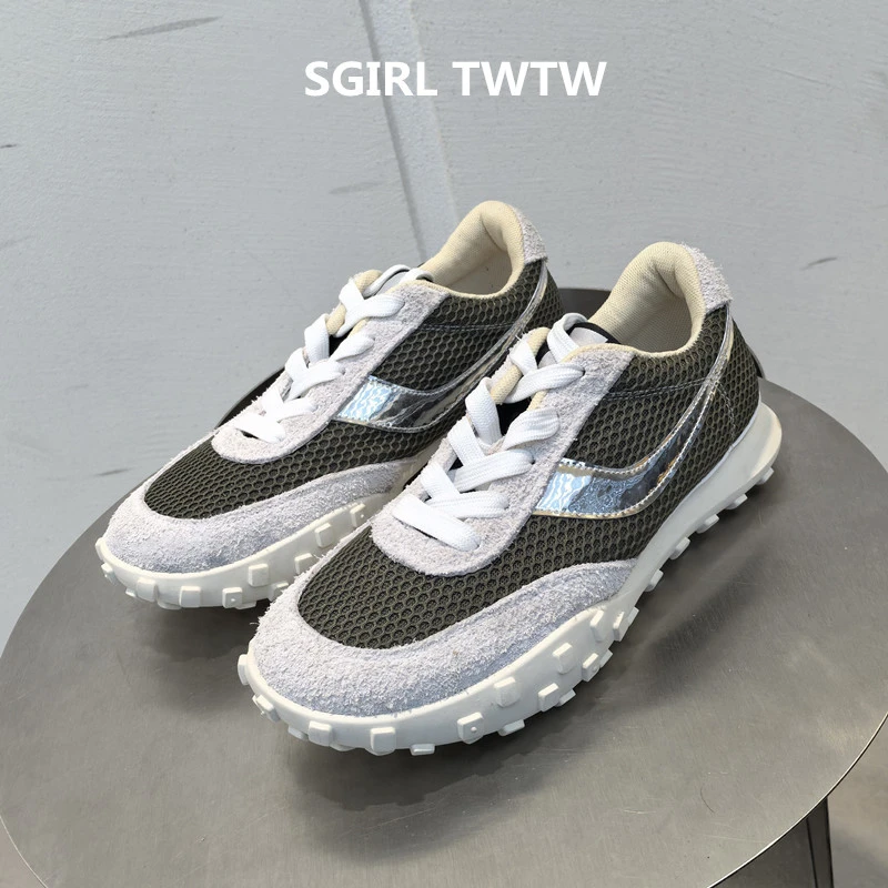 2025年春季新款真皮网布平底大头时尚休闲鞋透气百搭老爹鞋女鞋潮