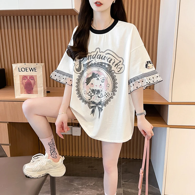 2025夏季蕾丝拼接短袖T恤女新款爆款宽松小众纯棉减龄圆领上衣ins