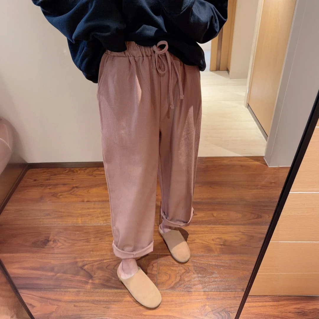 【张静芝】韩国新品~简约百搭秋冬温柔粉色抽绳松紧腰直筒休闲裤
