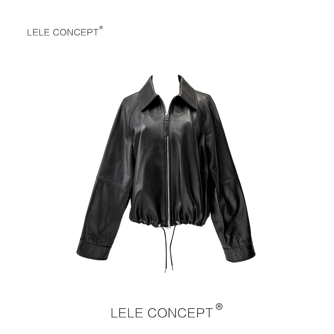 LELE CONCEPT｜都市气质抽带翻领拉链皮衣P0059