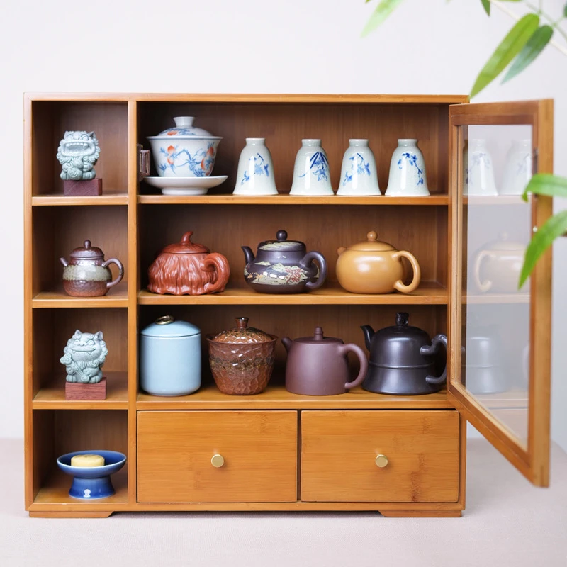 明镜精选高山楠竹手工壶杯文玩把件收纳抽屉置物大柜子茶道茶杯架