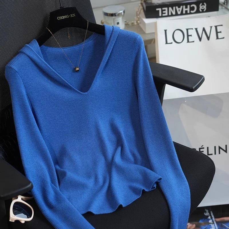 克莱因蓝色连帽设计感长袖针织衫女韩系chic秋季新款时尚洋气帽衫
