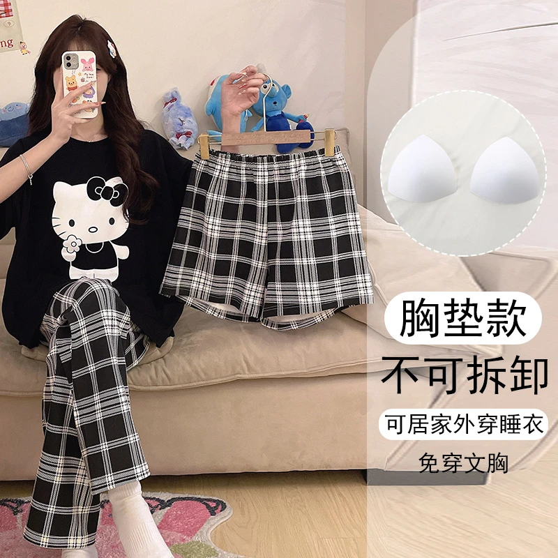 可外出睡衣女夏高颜值短袖套装2025新款宽松学生带胸垫大码家居服
