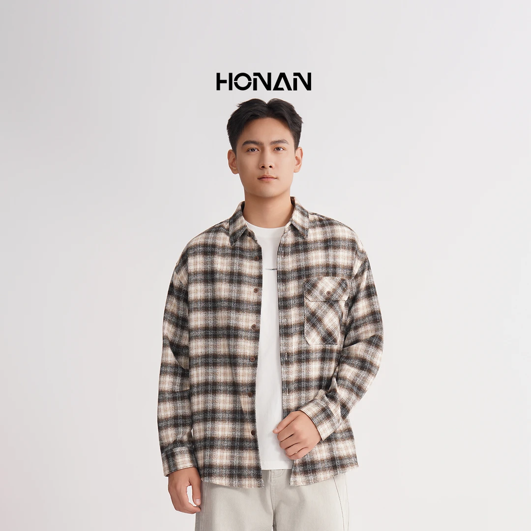 HONAN2025秋季时尚工装经典磨毛格纹衬衫1P13008