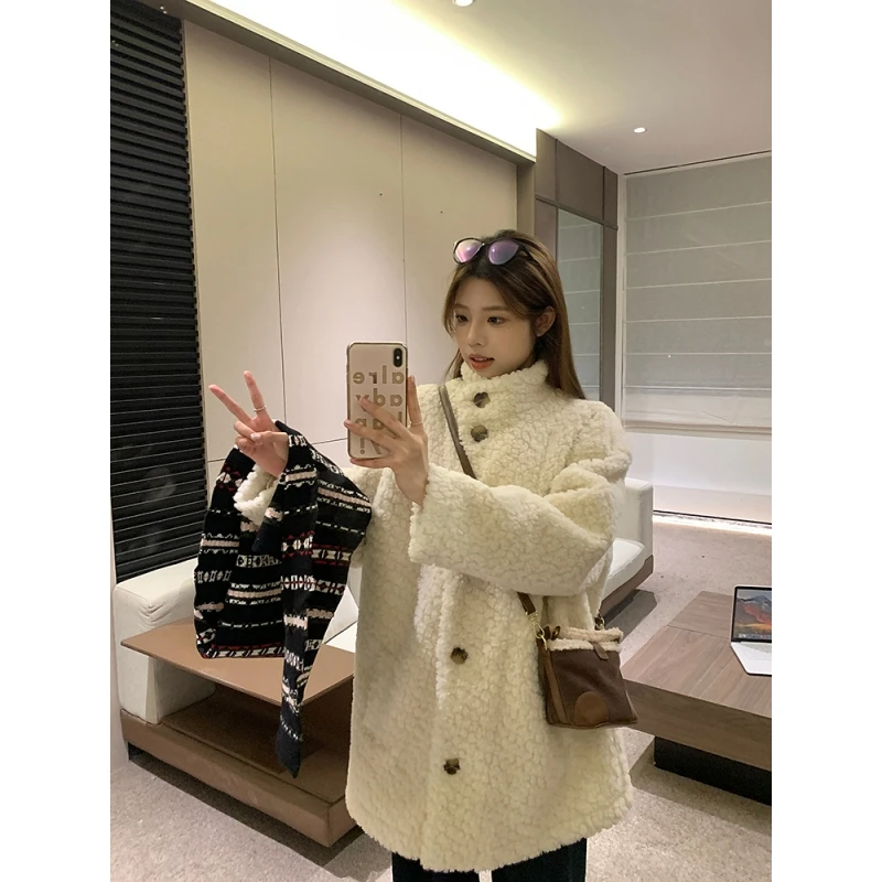 乌77高级感立领羊羔毛外套女冬季加厚保暖百搭小个子皮毛一体大衣