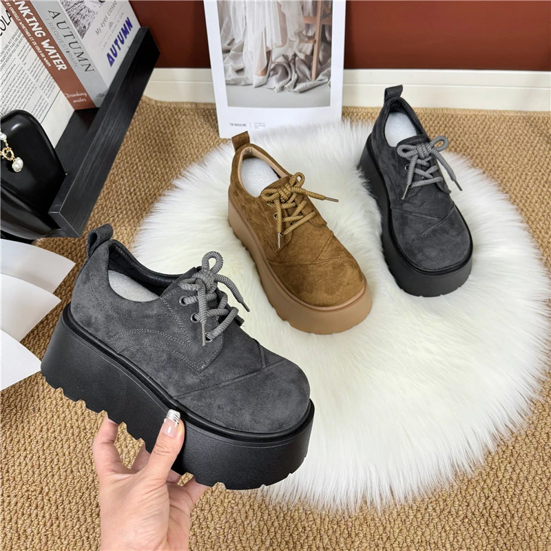 矮子乐厚底系带勃肯鞋女2025新款春秋季增高圆头复古时尚大头单鞋