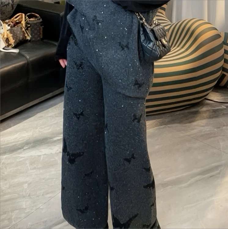 【冲姐】新款时髦亮片蝴蝶针织休闲宽松休闲裤