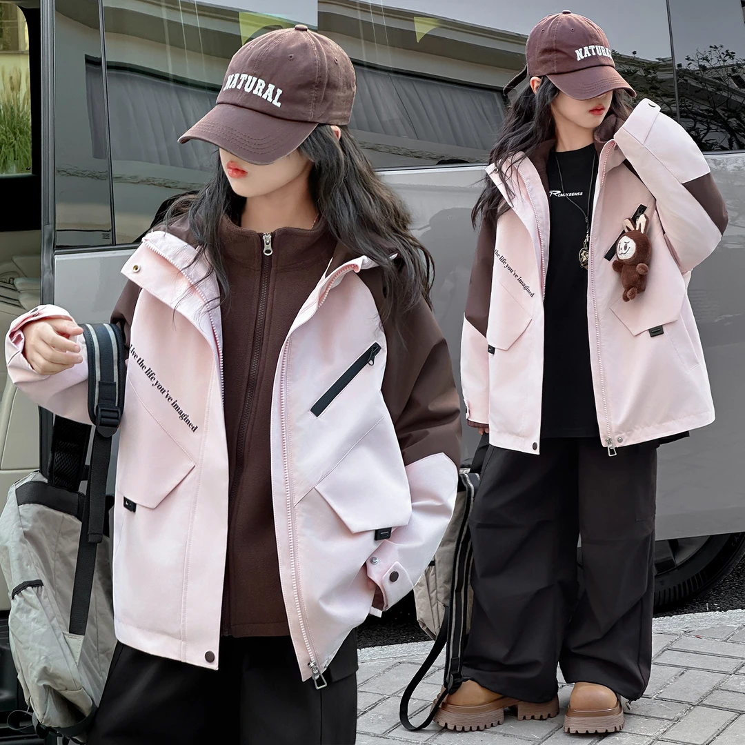 女童加厚外套2025新款洋气儿童套装中大童女孩春秋装可拆卸冲锋衣