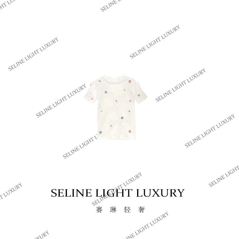 【25C-036】七 2025 SELINE 原创白底刺绣气质印花百搭圆领短袖T恤