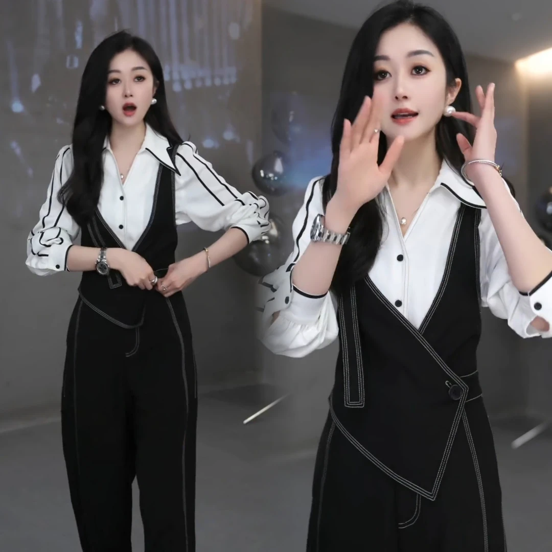 欧洲站时髦新款杠条翻领长袖衬衫设计感背带连体裤垂感阔腿裤套装