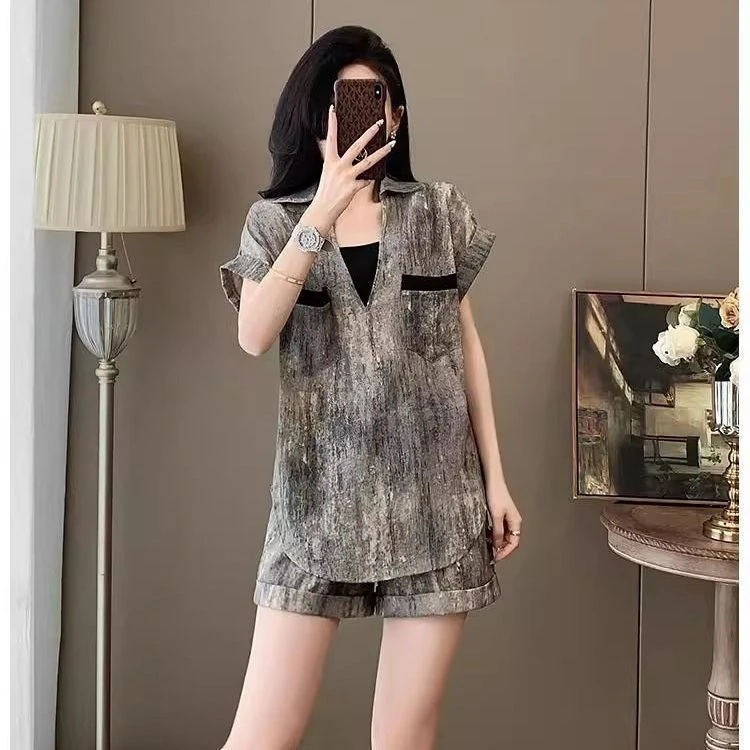 休闲复古女装短裤套装短袖夏季显瘦新款气质遮肉两件上衣两件套