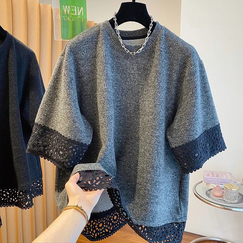 早春新款袖口蕾丝拼接短袖T恤上衣女大码宽松减龄内搭打底衫爆款