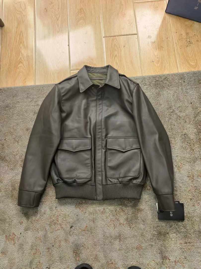 驼色天空蓝头层牛皮经典A2空军夹克男士休闲真皮夹克水洗做旧重工