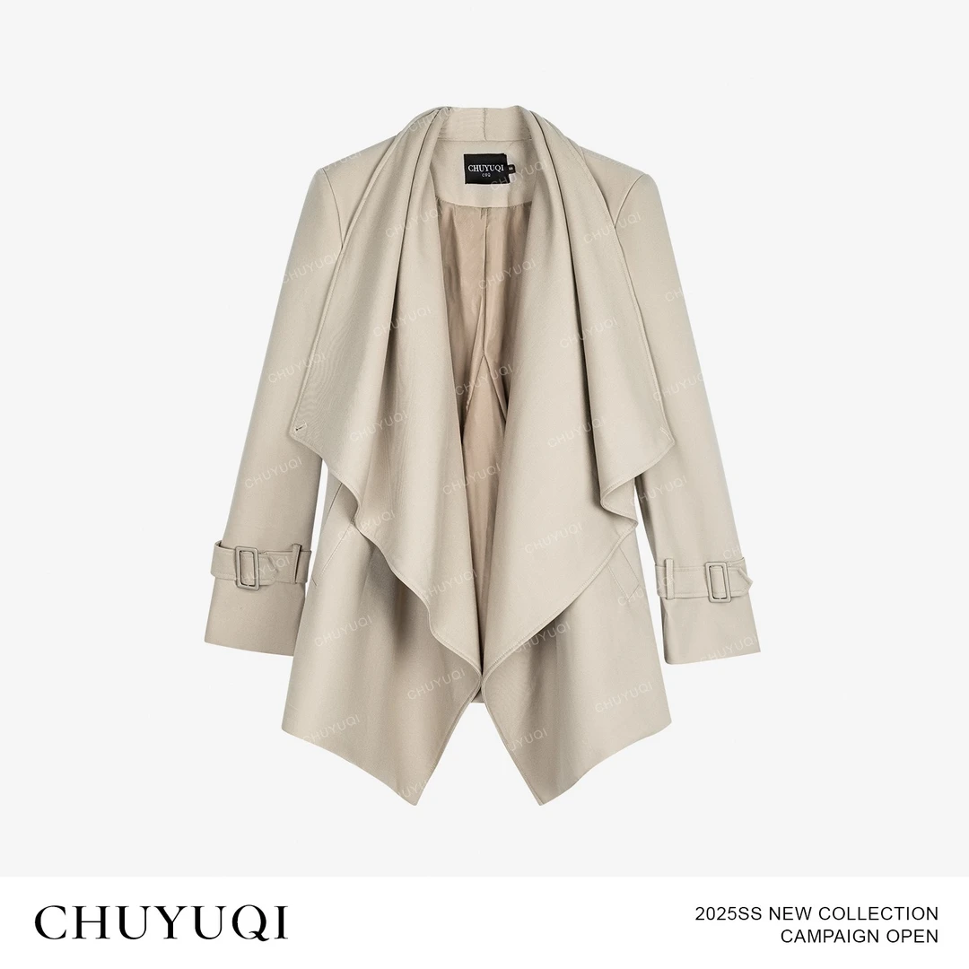 CHUYUQI 朱丽叶 浅卡其气质荡领系带短款风衣设计感大翻领外套