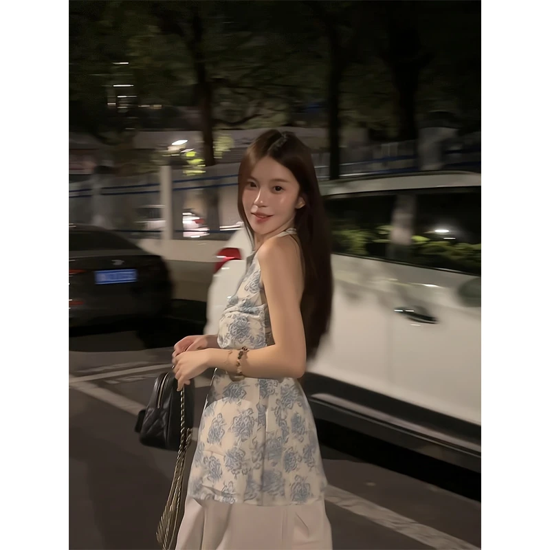 度假风挂脖背心露背吊带显瘦气质上衣阔腿裤遮胯宽松慵懒风休闲裤