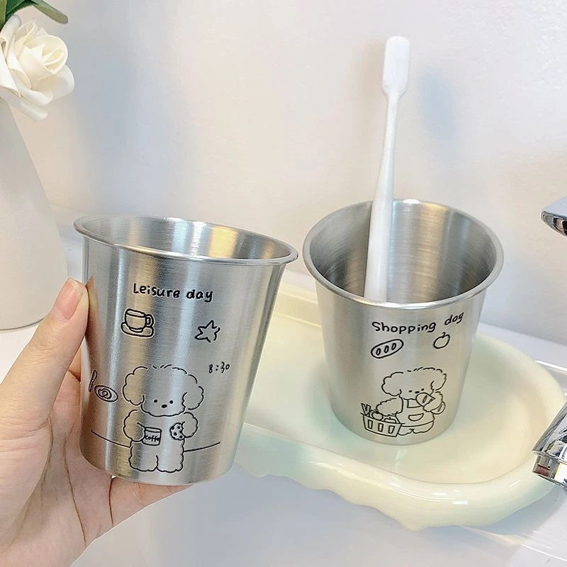 ins风可爱小狗简约不锈钢漱口杯学生宿舍家用情侣洗漱杯防摔抗菌