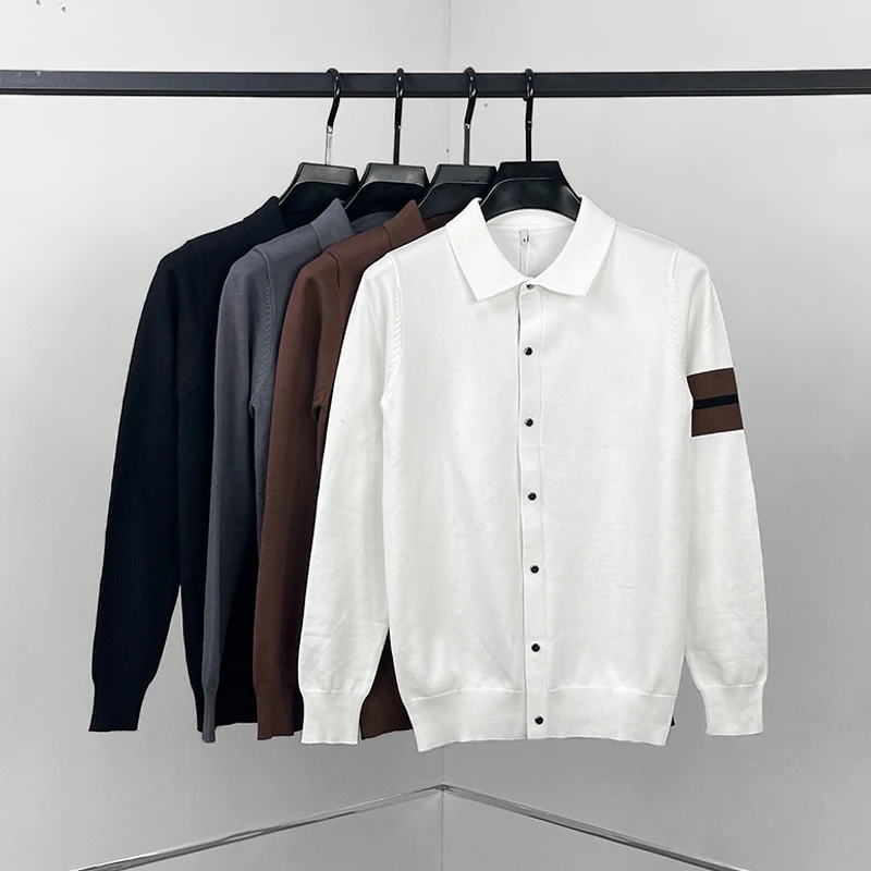 秋冬新款男士翻领长袖针织衫个性纽扣装饰百搭大码修身毛衣打底衫