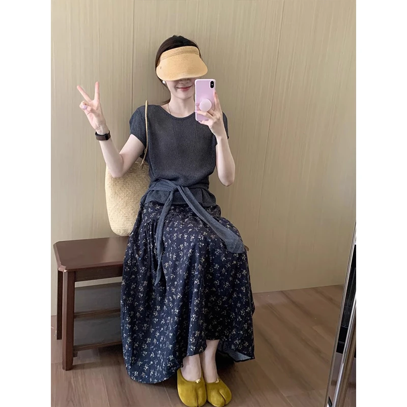 韩系甜美碎花垂感半身裙女夏季新款高腰显瘦复古小个子中长款伞裙