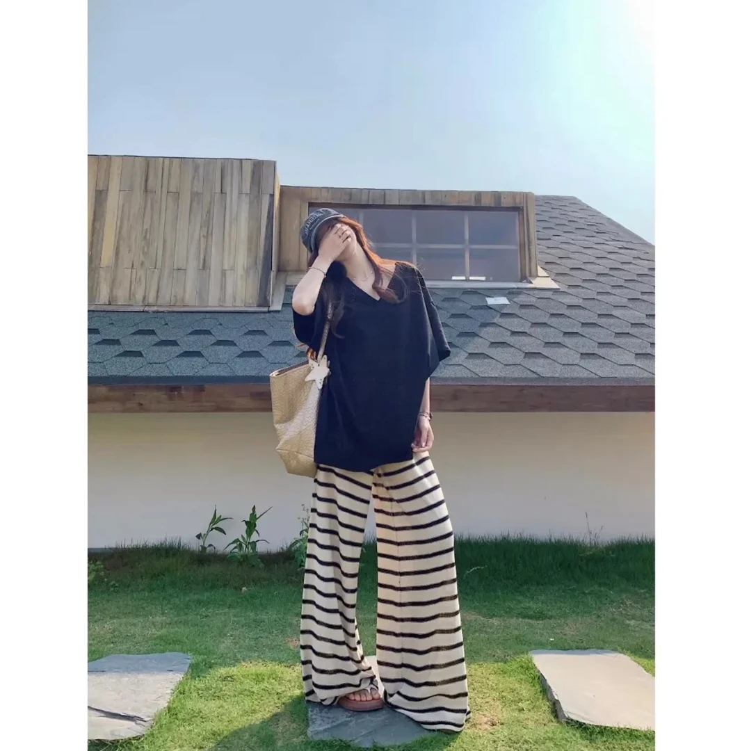 天一~大码韩系穿搭夏季冰凉感条纹针织裤垂感阔腿裤搭配宽松短袖T